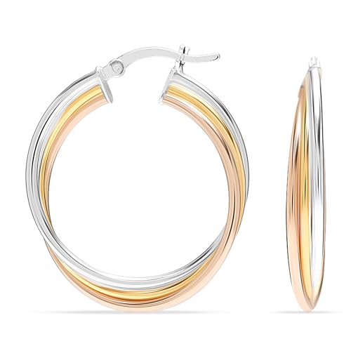 Image of TRUESILVER ACPL 925 Sterling Silver Hoop Earrings for Women | BIS Hallmarked Two-Tone & Three-Tone Intertwined Hoop Earrings | Oval & Round Lightweight Jewelry