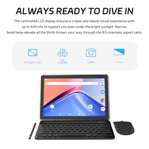 Image of Android 15 Tablet 10 inch, 2 in1 Tablets with Keyboard Case Mouse Stylus, 12GB RAM 64GB ROM 1TB Expand, Quad-Core Processor Tablet PC, 5G WiFi6, BT5.0, 6000mAh, 1280*800 IPS Screen, Widevine L1, Black