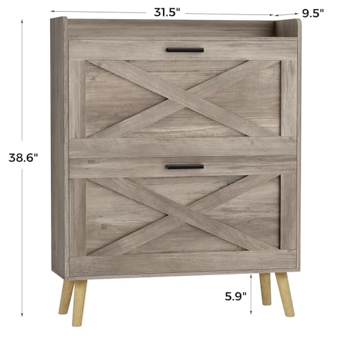 Image of Homleke Farmhouse Shoe Storage Cabinet with Flip Drawers & Barn Door Design | Slim Narrow Shoe Rack Cabinet with Adjustable Shelves & Hidden Storage for Entryway, Foyer, Hallway, Living Room, Greige