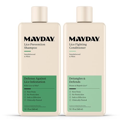 MAYDAY Daily Lice Routine Bundle – 12oz Shampoo & 12oz Conditioner | Non-Toxic, Pesticide-Free, Scientifically Proven Lice Defense for All Hair Types | Sandalwood & Mint Formula