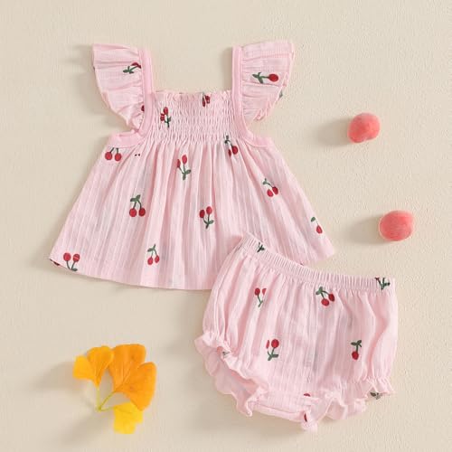 Toddler Baby Girl Outfit Cherry Linen Flying Sleeve Square Neck Tops and Ruffle Shorts Set Infant Summer Clothes 3-24M2