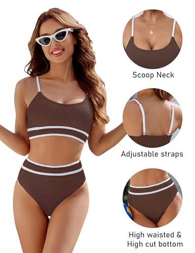 Image of BMJL Women's High Waisted Bikini Ribbed Two Piece Swimsuit High Cut Color Block Adjustable Straps Bathing Suit