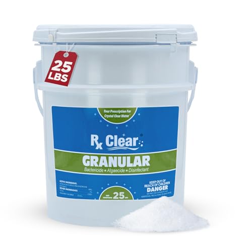 Rx Clear 25 lbs Granular Pool Chlorine | Use As Bactericide Algaecide & Disinfectant in Swimming Pools Hot Tubs & Spas | Stabilized Fast Dissolving & UV Protected