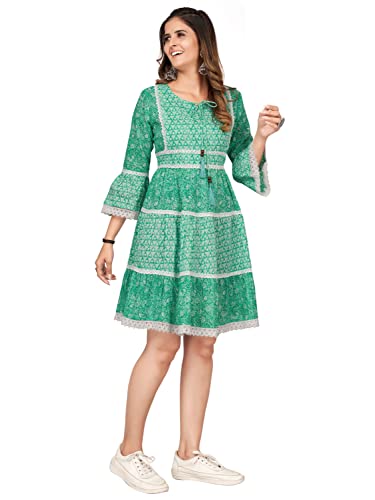 Image of Vbuyz Women's Cotton Print & Lace Work Flared Stitched Dress