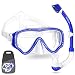 WACOOL Snorkeling Snorkel Package Set for Kids Youth Junior, Anti-Fog Coated Glass Diving Mask, Snorkel with Silicon Mouth Piece,Purge Valve and Anti-Splash Guard. (DarkBlue)