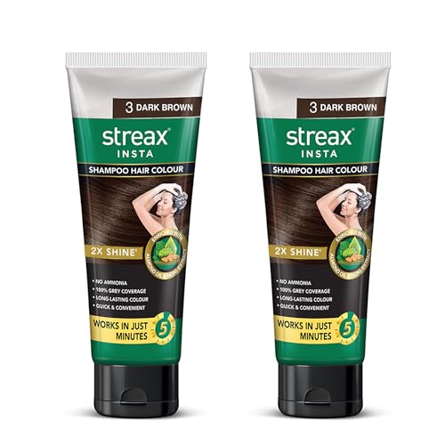 Image of Streax Easy Do-it -Yourself Hair Colour Shampoo, 200 ml I Sqeeze Pack with Natural Extracts I Long Lasting Formula I Colours in Minutes, Dark Brown Pack of 2