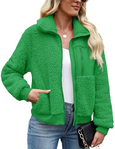 LOMON Womens Fuzzy Fleece Outerwear Casual Warm Zip Up Sherpa Jacket Coat with Pockets for Fall/Winter Bright Green,S