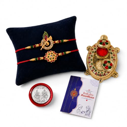 Image of Oblivion Kundan Lotus and Krishna Morpankh Rakhi Pair for Brother with Metal Pooja Thali, Two Dabbas, Roli Chawal, Coin and Greeting Card