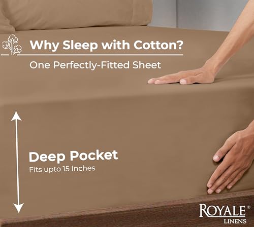 Image of Royale Linens 100% Organic Cotton Fitted Sheet - Percale Weave - Super Soft Deep Pocket Bottom Sheets - Elastic Sheet King Cal Size -California King Fitted Sheets Only - (72 inchx84 inch+15 inch, Chocolate)