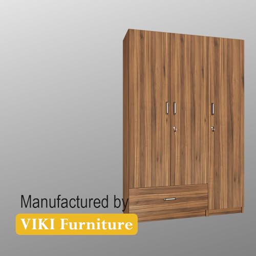 Image of VIKI Wardrobe |Wooden Almirah for 3 Door Wardrobe with 1 Drawer & Hanging Space (Brussel Walnut - 40D x 120W x 180.8H) | 1 Year Warranty | Free Assembly