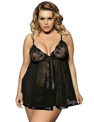ohyeahqueen Plus Size Babydoll Lingerie for Women Sexy Sheer Lace Mesh ChemiseBlack Medium