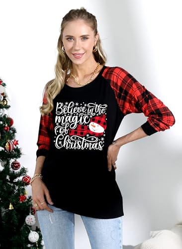 Believe Christmas T-Shirt Women Believe in The Magic of Christmas Plaid Shirt Baseball Raglan Splicing Tee Tops — view 2