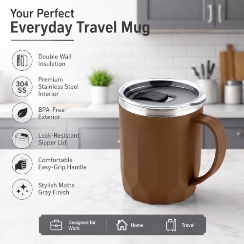 Image of MAGIC SPOON Stainless Steel Travel Coffee Mug with Sipper Lid & Handle, Insulated Tea Cup, BPA-Free Double Wall Tumbler for Hot-Cold Beverages, Office, Home, Car, Travel- Brown, (400ml X 1 Pack)