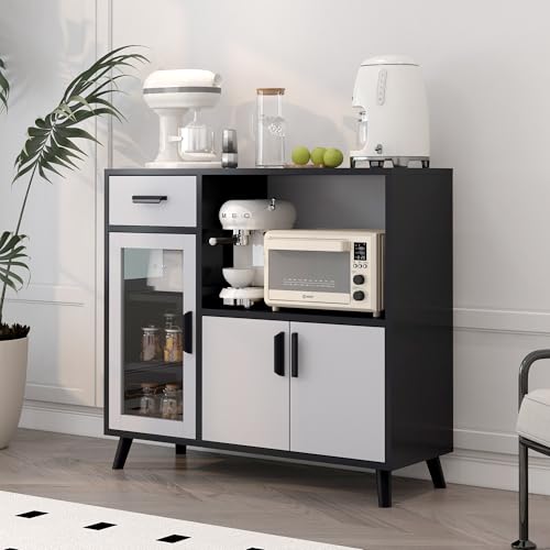 خزانة بوفيه جانبية مع مساحة تخزين - خزانة مطبخ خشبية مع ارفف...