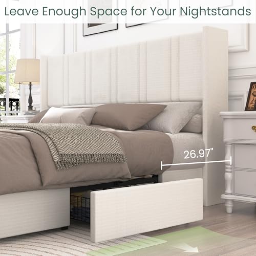 Larmace King Size Bed Frame With 4 Storage Drawers And Wingback Headboard Linen Upholstered Platform Bed Frame With Wooden Slats thumb #7
