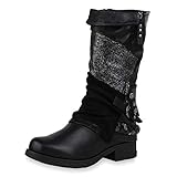  SCARPE VITA Damen Bikerstiefel Leicht Gefütterte Stiefel Prints Leder-Optik Schuhe Biker Boots Metallic Nieten Motorradschuhe 186698 Schwarz Snake 38