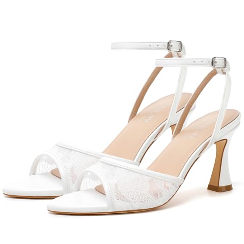 Image of Susanny High Heels for Women Pointed Open Toe Strappy Chunky Block Heels Ankle Strap Stiletto Kitten Heeled Sandals Wedding Bridal Party Prom Sexy Dress Shoes