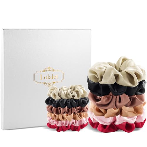 [12 Stück] Lolalet 2 Größen Satin Scrunchies Haare Band, Haargummis aus Weichem Elastische Silk Pferdeschwanzhalter für Damen Frauen Mädchen Haarschmuck - B