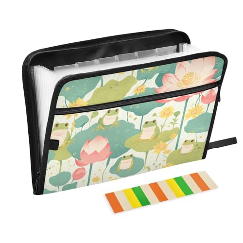 Carpeta organizadora expandible con 13 bolsillos, tamaño A4, tamaño carta con cierre de cremallera, para aula, hogar, oficina, viajes, primavera, lindas ranas, organizador de flores