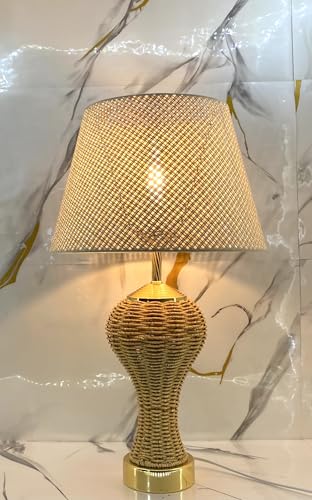 GoldMetal Ayaklı Gövdesi Örme Hasır İp El İşi Örmeli Açık Krem Kumaş ve Hazeran Modern Abajur Modelleri Aydınlatma Masa Lambası (Rattan Krem Kumaş)