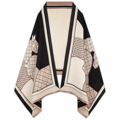 EXTREE Scarfs for Women Pashmina Silky Shawl Wrap for Evening Dressing Blanket Open Front Poncho Cape Interwoven Horses Black Beige