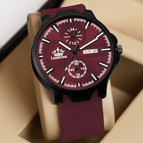 Image of LIMESTONE Men's Analog Quartz Watch with Day & Date Display, Leather /Silicone Strap - Casual & Formal Wrist Watch for Men