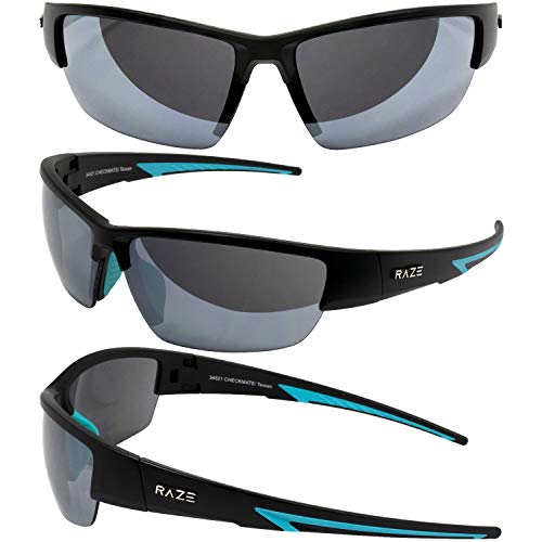 Image of Raze Eyewear Checkmate Sports Sunglasses Black Matte Frame UV400 Glasses with Blue Accents & Smoke Lens