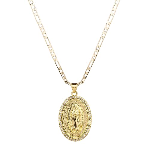 14K Gold Plated Guadalupe Virgin Mary Oval Pendant Necklace for Women Men Zircon Inlay Virgin Mary 3mm Flat Figaro Chain Necklace
