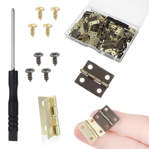 MBAIYO 60 Sets Small Hinges with Screws, Mini Hinges 270° Folding Iron Hinge 0.6 in Gold Bronze Mini Hinge for DIY Boxes Wood Jewelry Box Hardware Gate Drawer Miniature Butt Tiny
