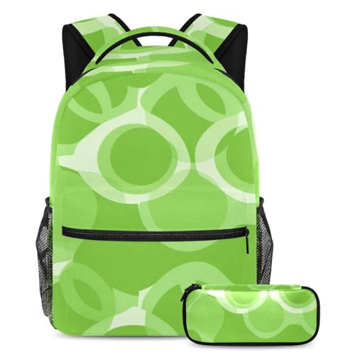 Sac à dos grande capacité et trousse verte motif géométrique circulaire | Set scolaire 2 pièces