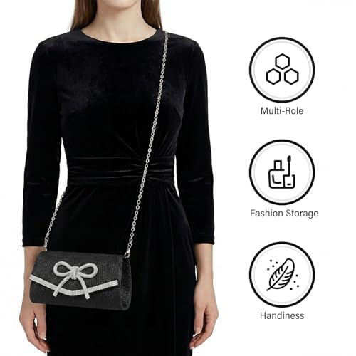 Image of Bow Rhinestone Evening Clutch Purses for Women Weddings Party Prom Diamond Glitter Sparkly Handbag with Detachable Chain