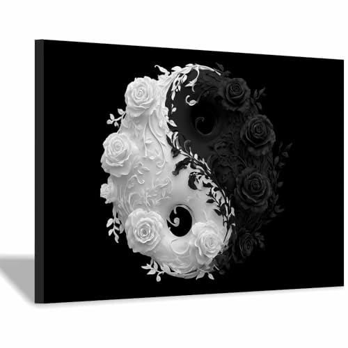 Poster Noir Et Blanc Yin Yang Ros Floral 60x90cm toile encadrée pour salon