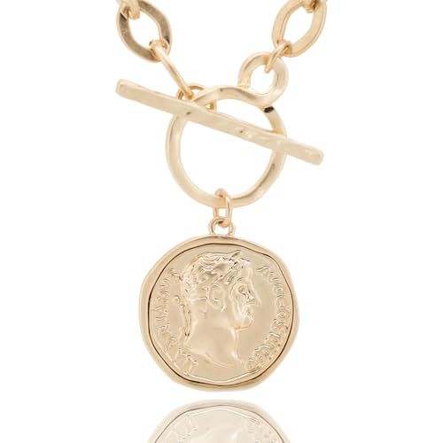 Husykam Chunky Coin Pendant Necklace for Women 18K Gold Plated Double-Sided Antique Coin Necklace Thick Toggle Link Chain Layered Statement Jewelry 18 Inch