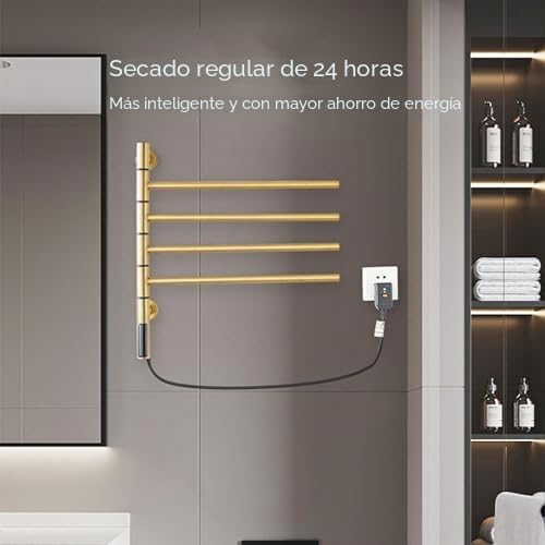 Toallero eléctrico de Pared, Calentador de Toallas para baño Giratorio 180°, con Pantalla LED y Temporizador, Control de Temperatura, enchufable, Dorado