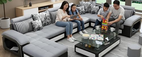 Image of Brown Maple U-Shape Sectional Sofa Set for Home | 10-Seater Fabric Sofa with Tea Table & 4 Puffy | Spacious Seating for 14 Persons | Pre-Assembled, Modern Comfort Design(Grey2)