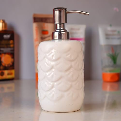 Image of Ceramic Soap Dispenser 330ml (Set of 1) | Multipurpose Lotion, Hand Wash & Liquid Soap Pump Bottle for Bathroom & Kitchen | White Stone Design