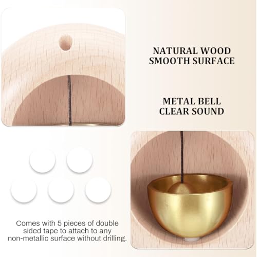 Image of HASTHIP Door Bell with Adhesive Backing, Beech Wooden Brass Round Bell, Decorative Doorbell for Home, Office Ornament and Hanging Decoration for Business Entrance