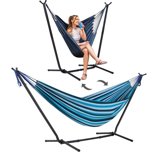 Image of SUNCREAT 2-in-1 Convertible Backyard Fabric Hammock with Stand, Blue Stripe