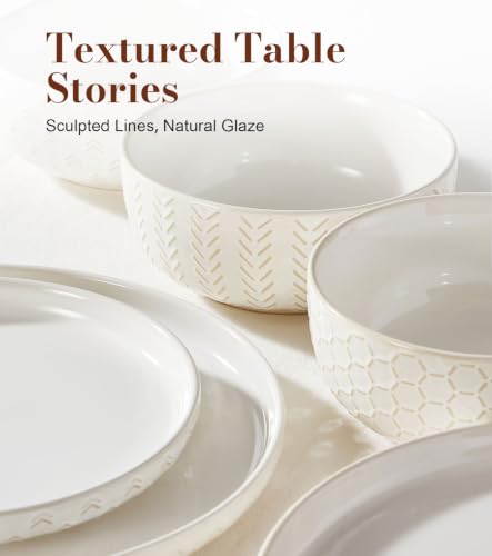 Image of Lareina 18 Piece Dinnerware Sets for 6, Farmhouse Style Stoneware Plates and Bowls Sets, Embossed Boho Ceramic Dish Set, Scratch Resistant & Dishwasher Safe, Vintage White