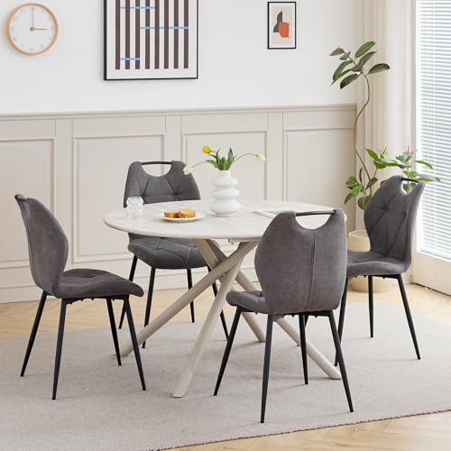 GrandCA HOME Conjunto de Mesa y Sillas de Comedor,Mesa Redonda de 115 CM y 4 Sillas Modernas de Lino para Comedor, Cocina y Sala de Estar(Gris Claro y Fresno)