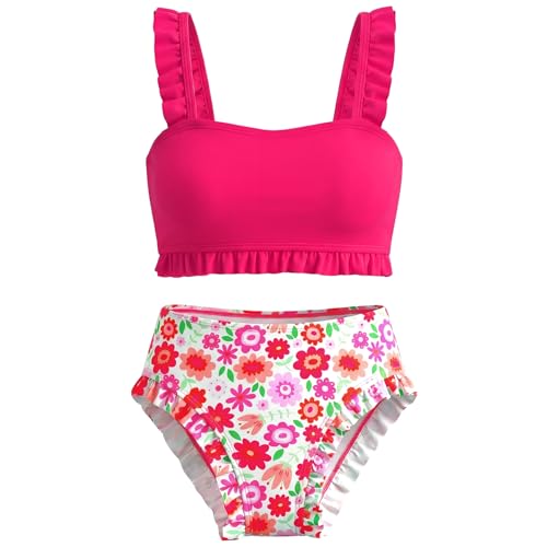 Hoseay Girls Bikini Set Kids Two Piece Swimming Costume Ruffle Trim Tops and Floral Print Bottoms Swimwear Quick Dry Bathing Suits Summer Swimsuit Beach Pool for Children 7-8 Years, Pink