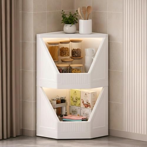 Image of HOMIFLY 2 Tier Corner Storage Cabinet /Stackable Plastic Cupboard for Storage /Foldable Wardrobe for Clothes /Toys Storage Organizer /Cabinet for Kitchen, Bathroom, Living Room (White)