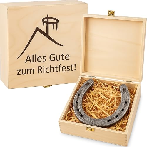 4you DESIGN Echtes Hufeisen in Holz-Geschenkschachtel Richtfest 2 Hufeisennägel zum befestigen Geschenk zum Einzug Hausbau Glücksbringer 17x17x6 5 cm
