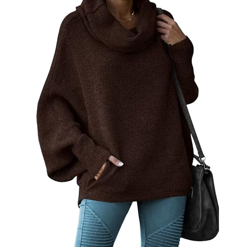 Pull Oversize à col bénitier et Manches Longues Chauve-Souris pour Femme, Pull décontracté en Tricot Ample avec Poches