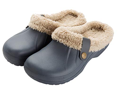 SMajong Womens Fur Lined Clogs Mens Waterproof Slippers Garden Shoes Winter Warm Plush Home House Slippers Indoor Outdoor Mules Grey