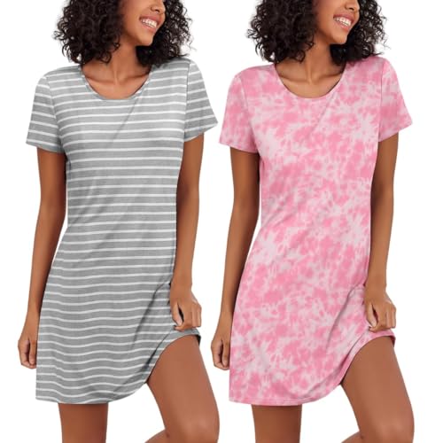 Ekouaer Nightgowns for Women 2 Pack Short Sleeve Sleapwear Soft Sleep Dress Night Shirt Womens Nighties Multipack, Tie Dye+Stripe, L