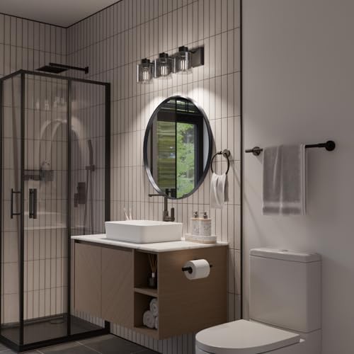 Image of Globe Electric 4-Piece All-in-One Bathroom Set, Matte Black, 3-Light Vanity Light with Seeded Glass Shades, Towel Bar, Toilet Paper Holder, Towel Ring