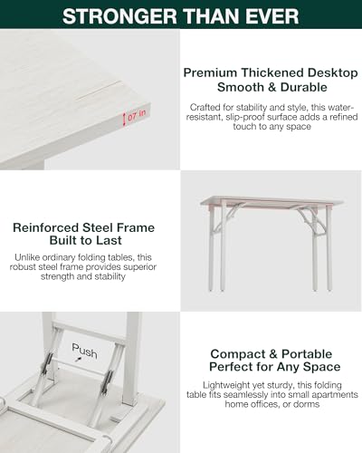 Image of Frylr Small Folding Computer Desk - 55.1 Inch Portable Table for Craft and Study, Lightweight Desk for Small Spaces, Foldable Laptop Table Built-in AC /USB Outlets for Convenience, White Ash