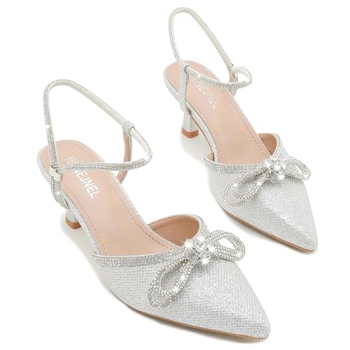 Womens Rhinestone Bow Heels, Slingback Low Kitten Heel Pumps Sparkly Closed Pointed Toe Ankle Strap Formal Evening Wedding Dress Party Shoes2