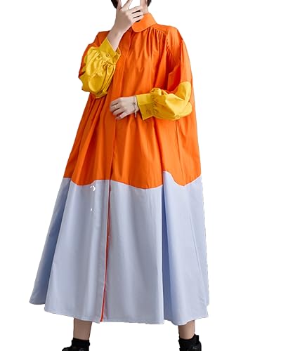 ellazhu Women's Button Down Patchwork Maxi Length Oversized Color Block Shirt Dress GZ133 A